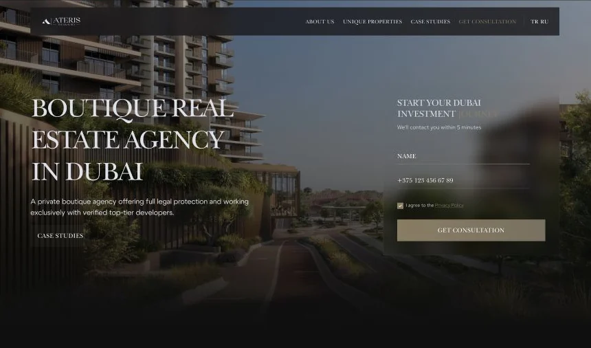 Ateris website home page: boutique real estate agency in Dubai